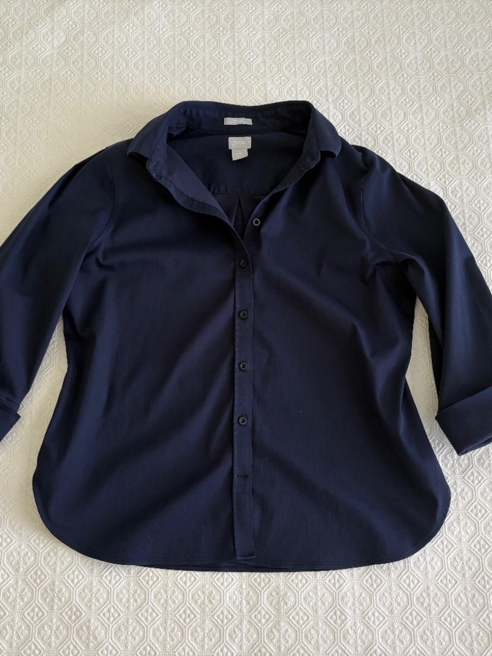 Chico's 2 No Iron Chic Stretch Shirt XL Navy 3/4 Sleeve Button Front Blouse